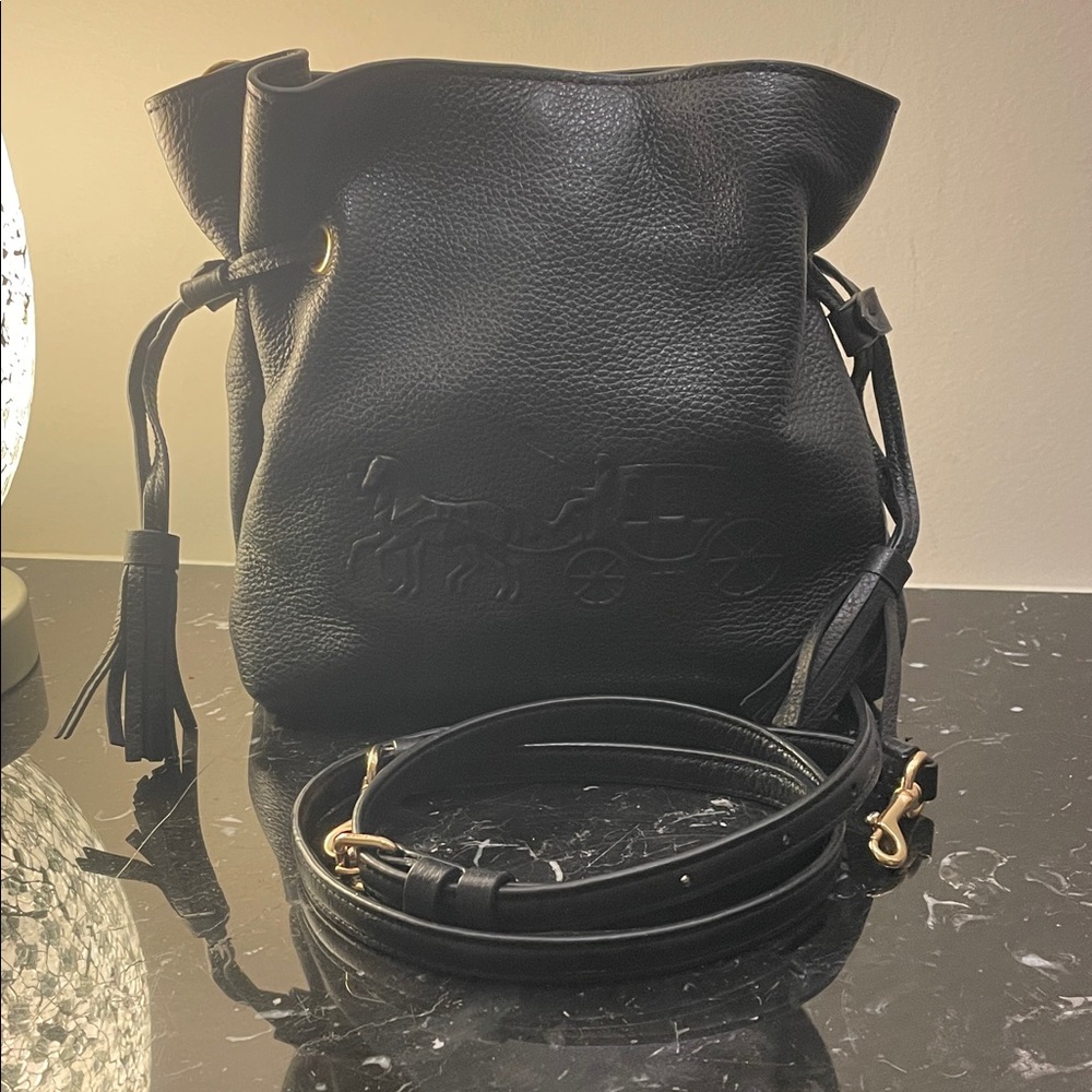 Black Leather Coach Andy Crossbody #CA213 Mini Bag With Embossed Coach Carriage